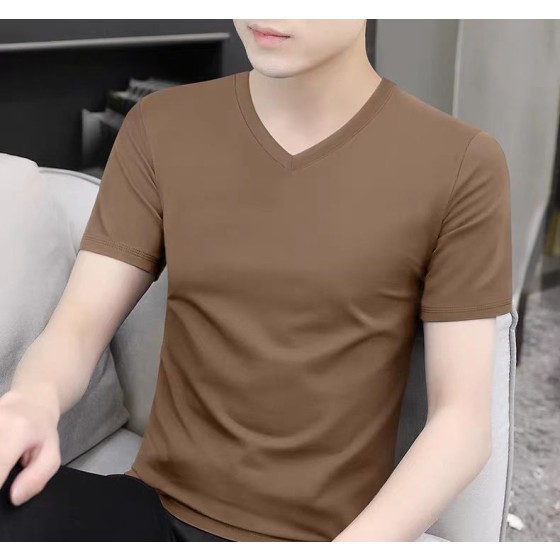 Summer new style men's V-neck solid color short-sleeved T-shirt, premium top.