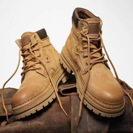 Men's Leather Mid-Top Martin Boots - Outdoor Work Style American Vintage Lace-Up Short Boots with Thick Sole, Big Yellow Boots