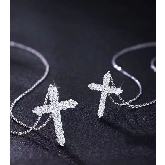 American Style Full-Cut Diamond Cross Pendant Necklace for Couples, Sterling Silver