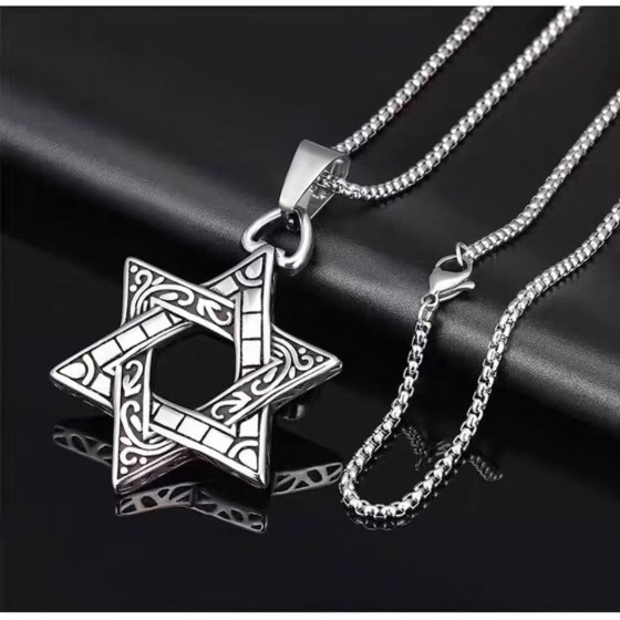 Sterling Silver Double-sided Hexagram Pendant Necklace - Men's Hip-hop Style Unisex Versatile Chain for T-shirt & Sweater