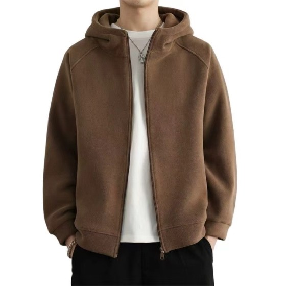 Men's Double-Sided Fleece Stand Collar Jacket for Autumn and Winter, Thickened Thermal Lined Fleece Solid Color Outdoor Casual Jacket